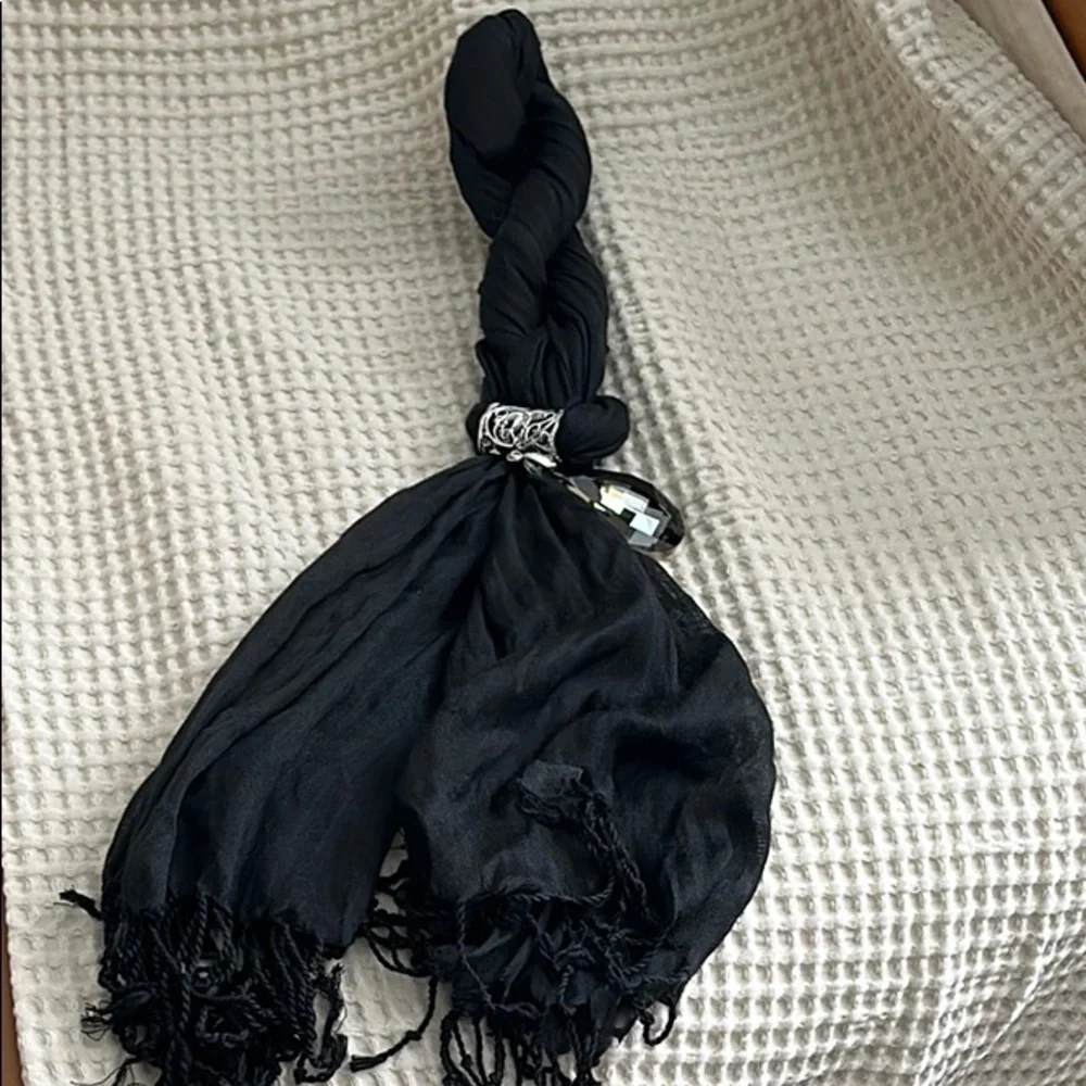 Vintage Black Scarf With Silver Charm & Tassels